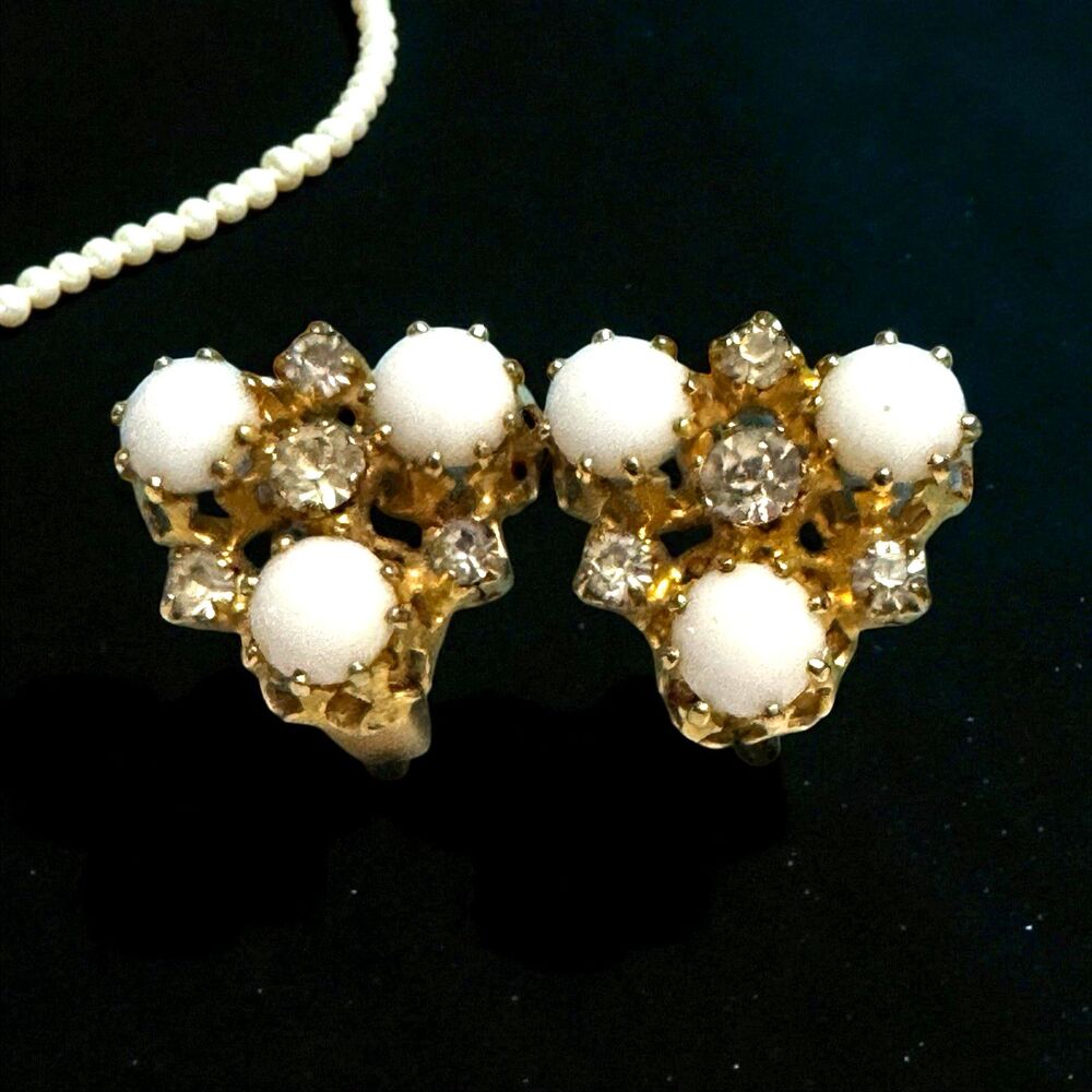 Signed Austria Vintage White Glass & Rhinestone Cluster Earrings 1 Inch